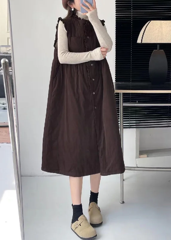 Coffee Pockets Cotton Filled Waistcoat Long Dress Stand Collar Winter