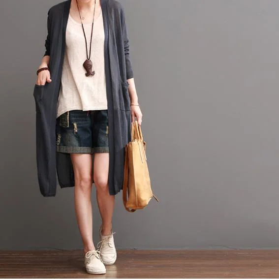 Dark gray breathy summer maxi coat linen cardigans