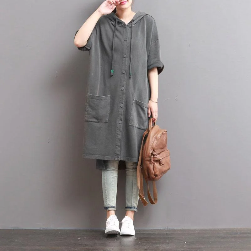 dark gray casual cotton long blouse plus size cardigans embroidery low high coat