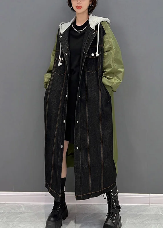 Denim Black Patchwork Button Hooded Coat Fall