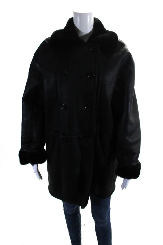 Designer Womens Leather Shearling Lined Button Down Overcoat Black