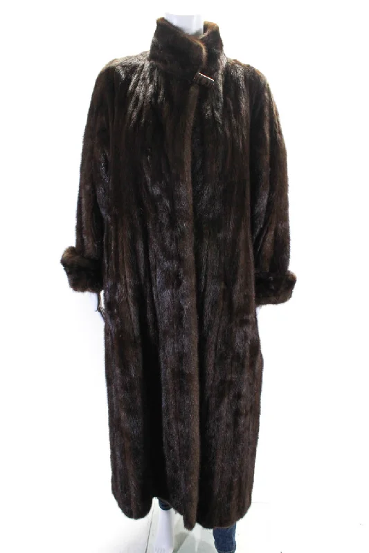 Designer Womens Mink Fur Long Sleeve Open Front Overcoat Dark Brown