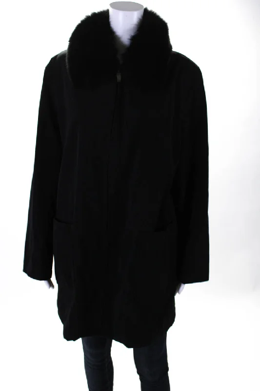 Fleet Street Wool Womens Full Zip Long Sleeve Fox Fur Trim Coat Black