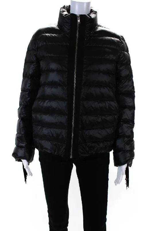 Glamourpuss Womens Striped Quilt Fringe Sleeve Zipped Puffer Coat Black