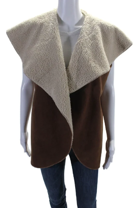 Juliette Jake Womens Brown Fuzzy Cowl Neck Open Front Vest Jacket