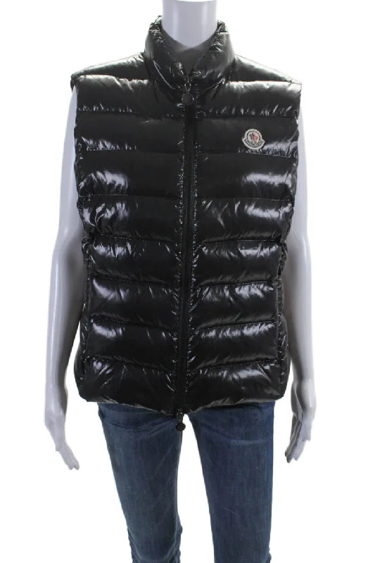 Moncler Womens Full Zipper Sleeveless Puffer Vest Jacket Shiny Black