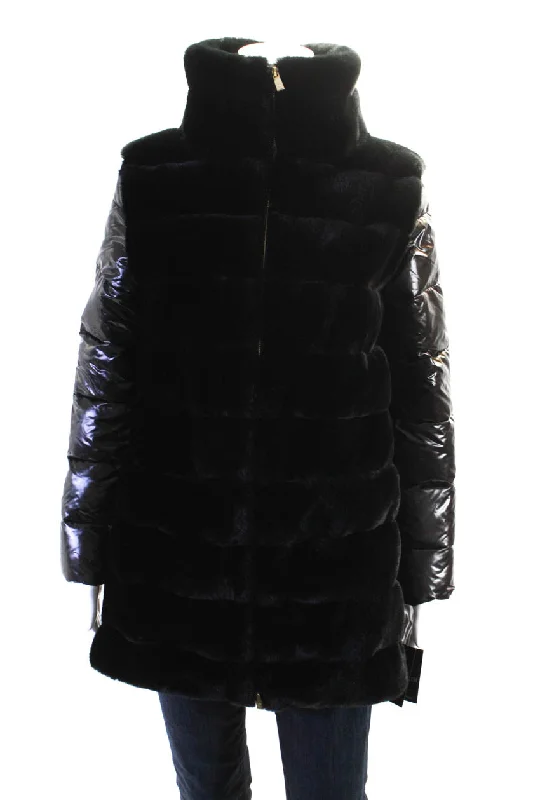 Patty Kim Womens Faux Fur Zip Hem Long Sleeve Ingrid Puffer Coat Black