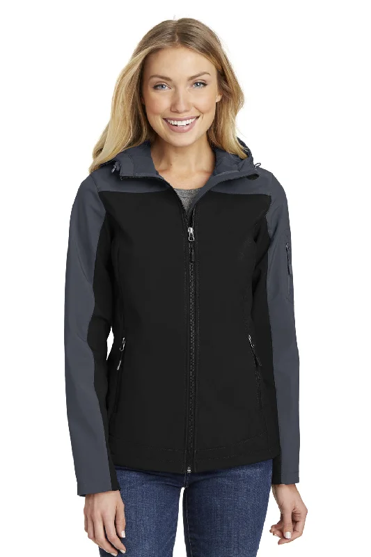 Port Authority Womens Core Wind & Water Resistant Full Zip Hooded Jacket - Black/Battleship Grey