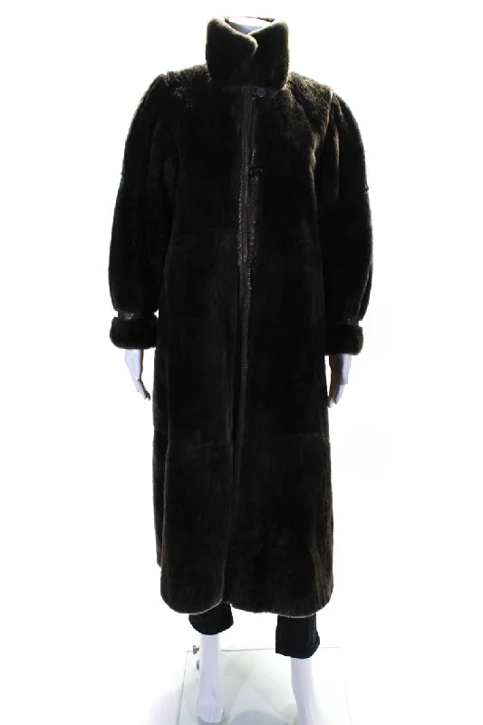 Saks Fifth Avenue Womens Button Front Collared Rabbit Fur Long Coat Brown Medium