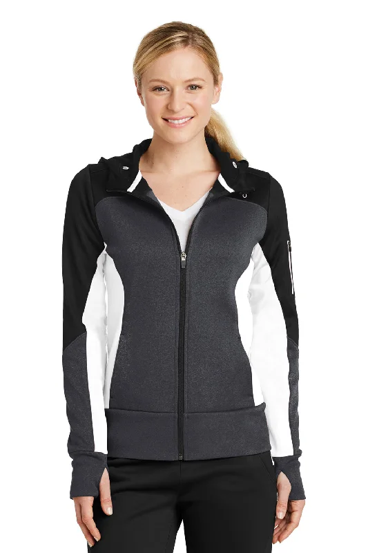 Sport-Tek Womens Moisture Wicking Full Zip Tech Fleece Hooded Jacket - Black/Heather Graphite Grey/White