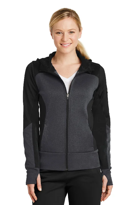 Sport-Tek Womens Moisture Wicking Full Zip Tech Fleece Hooded Jacket - Black/Heather Graphite Grey