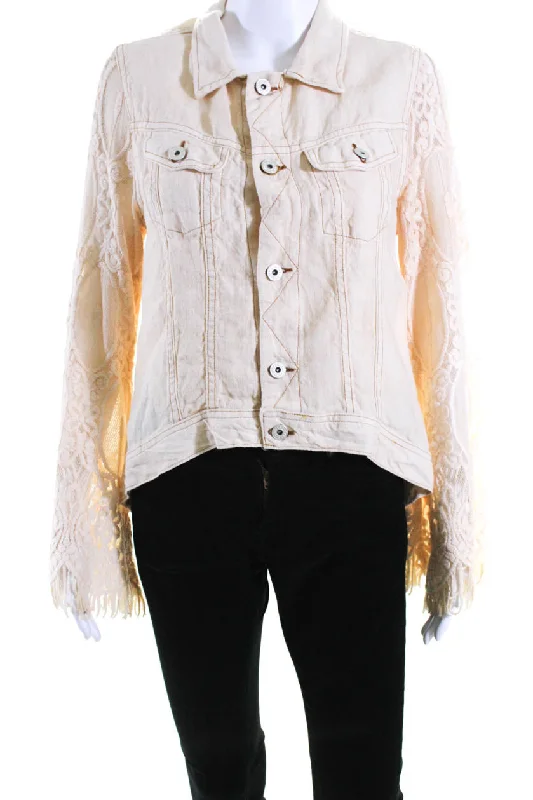 Sunday Tropez Womens Elvis Mesh Embroidered Sleeve Linen Jacket Beige