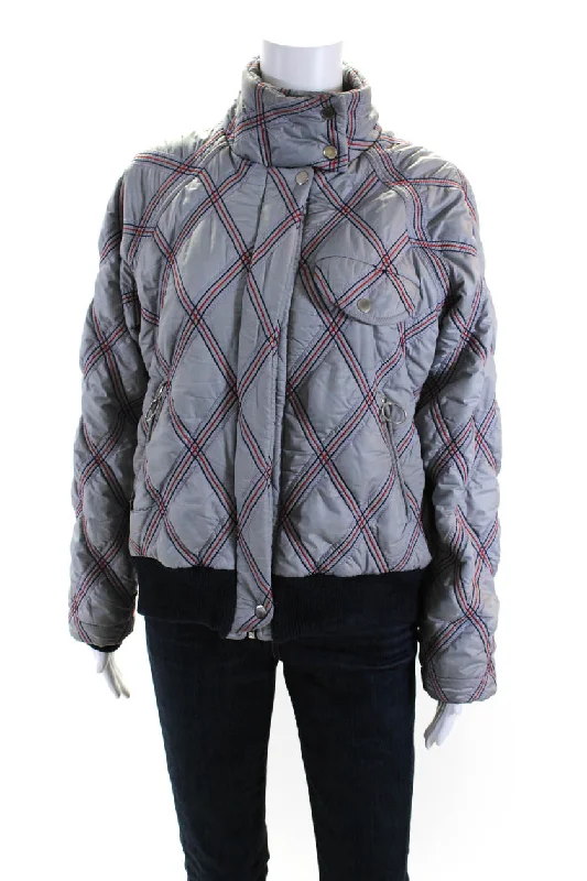 Tanya Taylor Womens Gray Quilted Mock Neck Full Zip Long Sleeve Jacket