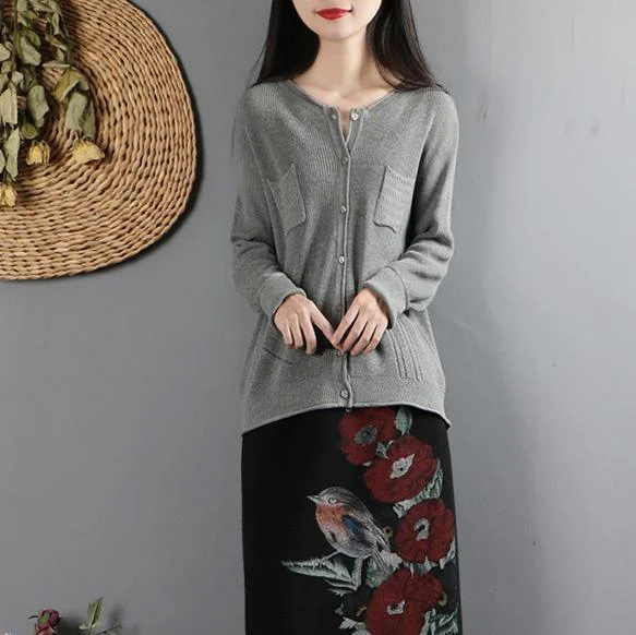 Aesthetic gray clothes trendy plus size o neck sweaters pockets