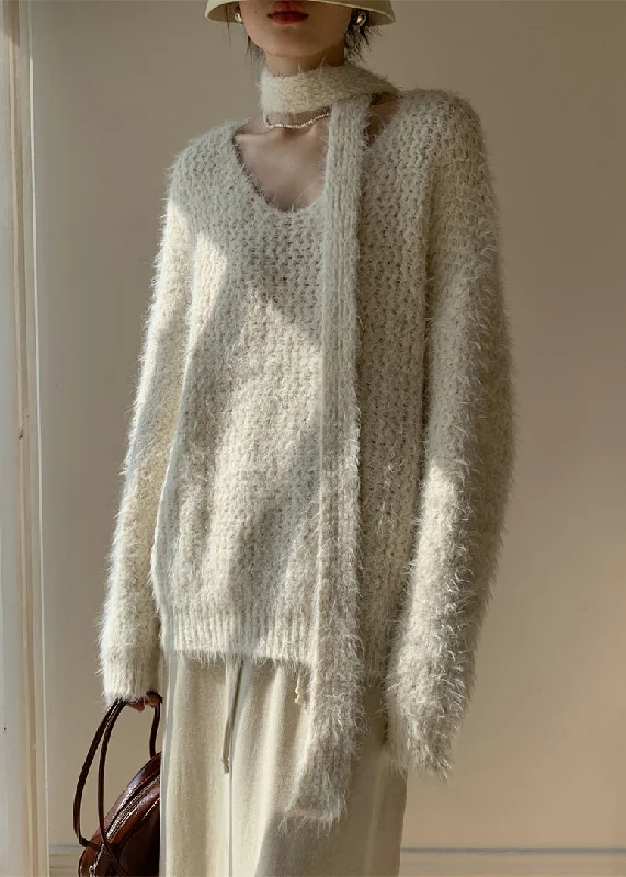 Apricot Solid Cozy Cotton Knit Winter Sweater V Neck