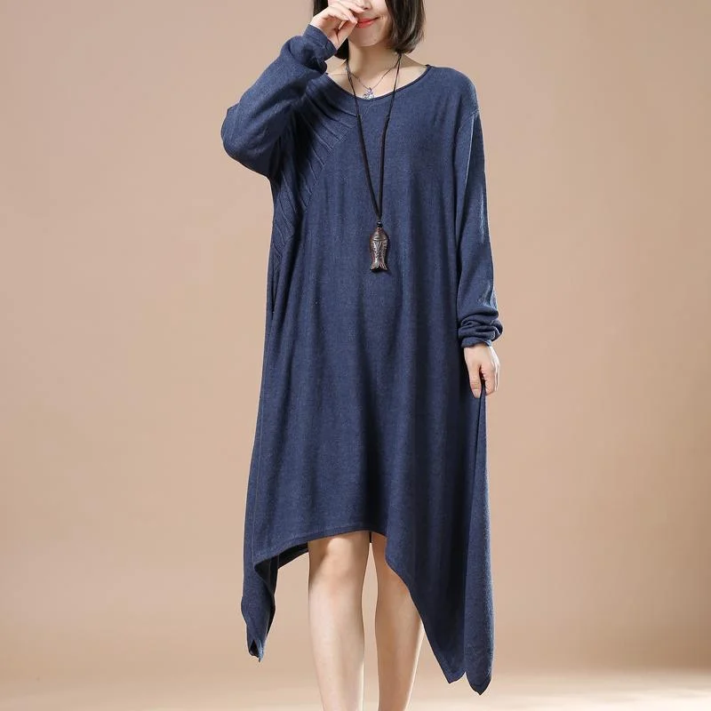 Blue knit maxi dresses oversize long sweaters knitted