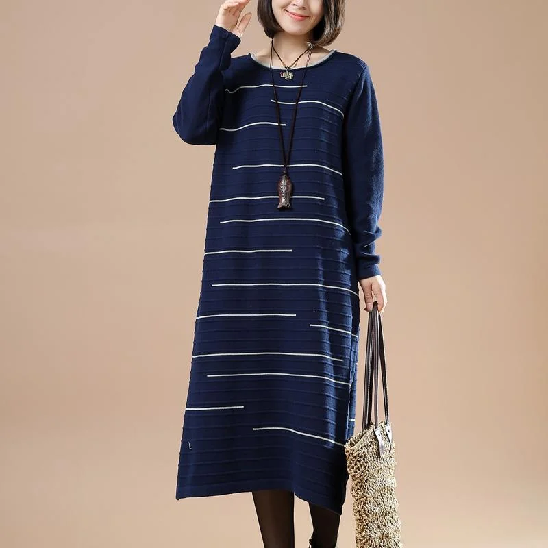 Blue long knit traveling dress woman sweaters people coming and going