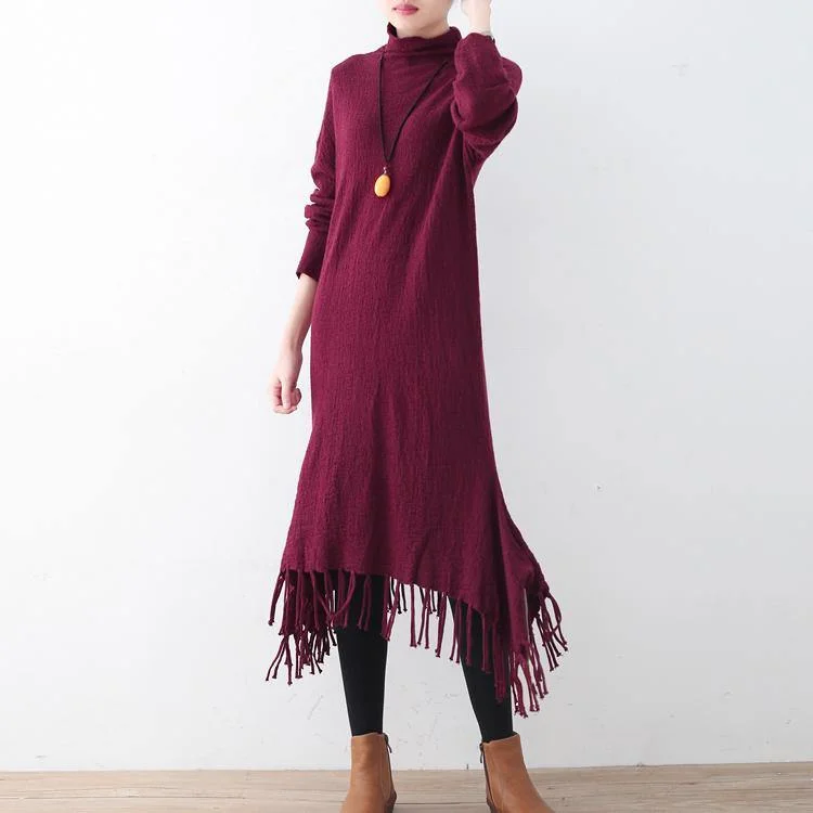 boutique burgundy long sweaters Loose fitting tassel sweater New slim long knit sweaters