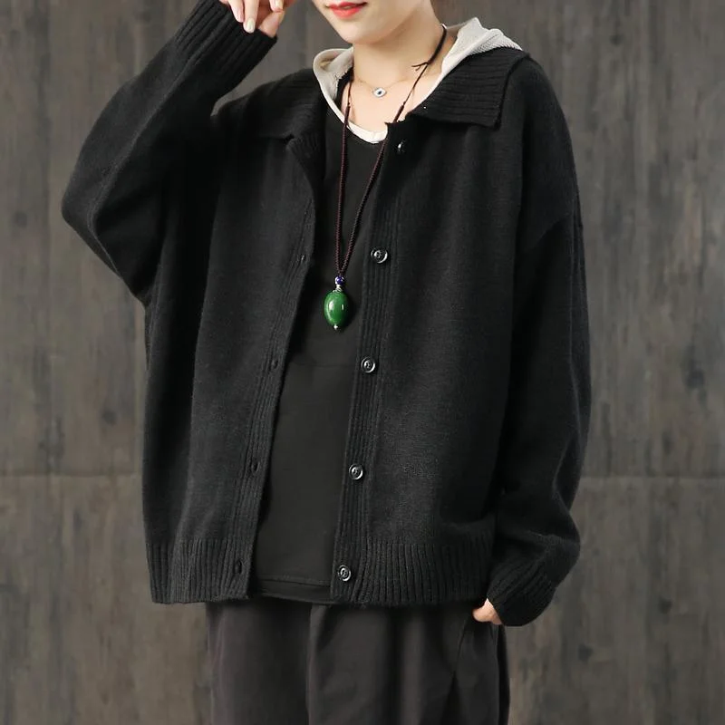 Fashion black knitted cardigans Loose fitting o neck sweaters lapel collar