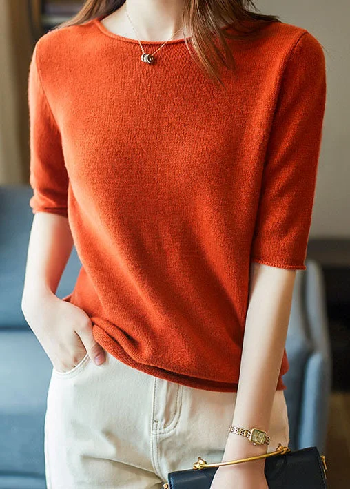 Fashion Orange O Neck Patchwork Cashmere Sweaters Half Sleeve