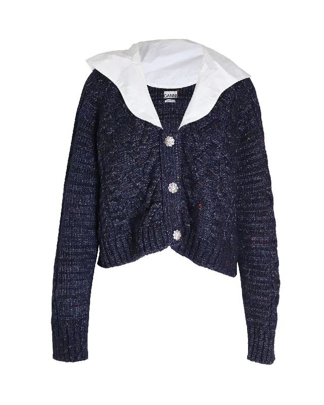 Ganni Cropped Embellished Poplin-collar Cable-knit Cardigan in Navy Blue Wool