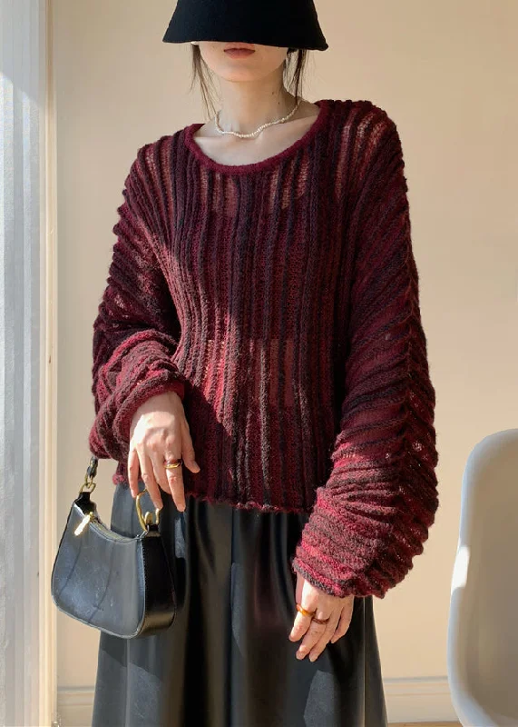 Loose Wine Red O Neck Striped Knit Sweaters Winter