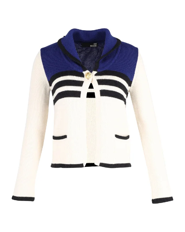 Love Moschino Sailor Style Cardigan in White and Blue Wool