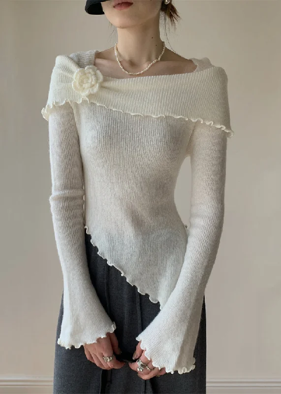 Slim Fit White Asymmetrical Knitting Cotton Sweaters Fall