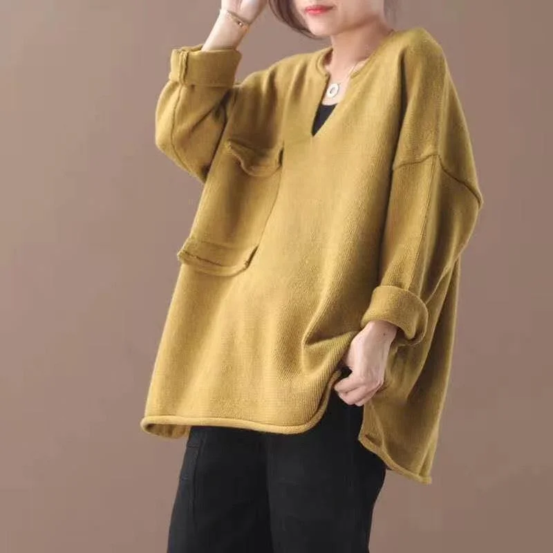 Spring Big Pocket V-neck Sweater Top Women