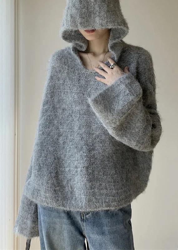 Women Grey Hooded Solid Cotton Knit Sweaters Winter