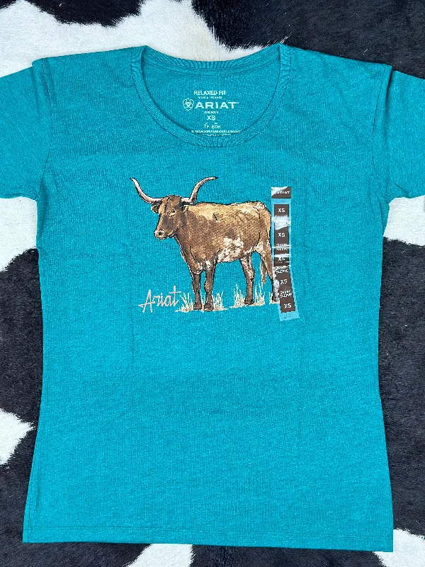 ARIAT LONGHORN WATERCOLOR TEAL GREEN HEATHER SHORT SLEEVE T-SHIRT