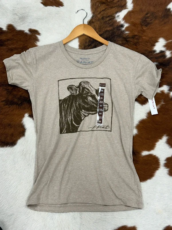 ARIAT WOMEN COW COVER OATMEAL HEATHER SHORT SLEEVE T-SHIRT