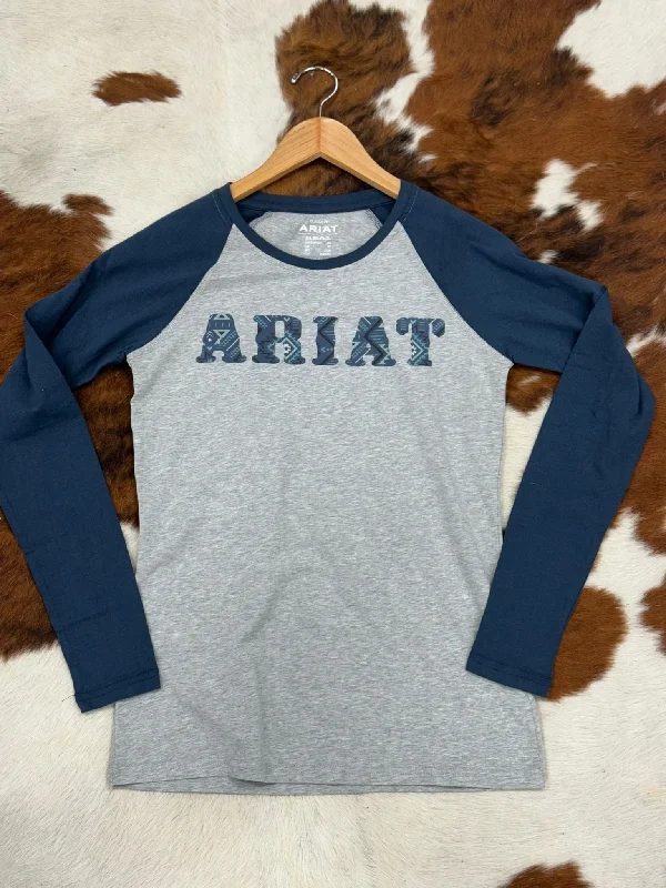 ARIAT WOMENS REAL BASEBALL HEATHER GREY MIDNIGHT BLUE LONG SLEEVE T-SHIRT