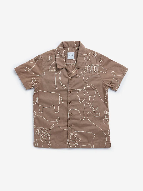 HOP Kids Taupe Animal Embroidered Shirt