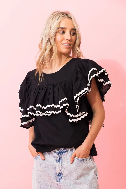 Camila Frill Top Cotton Black White Ric Rac