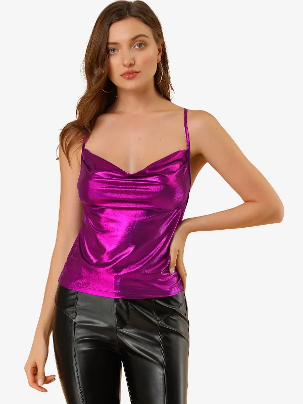 Metallic Glitter Spaghetti Strap Camisole Cowl Neck Sparkly Club Top