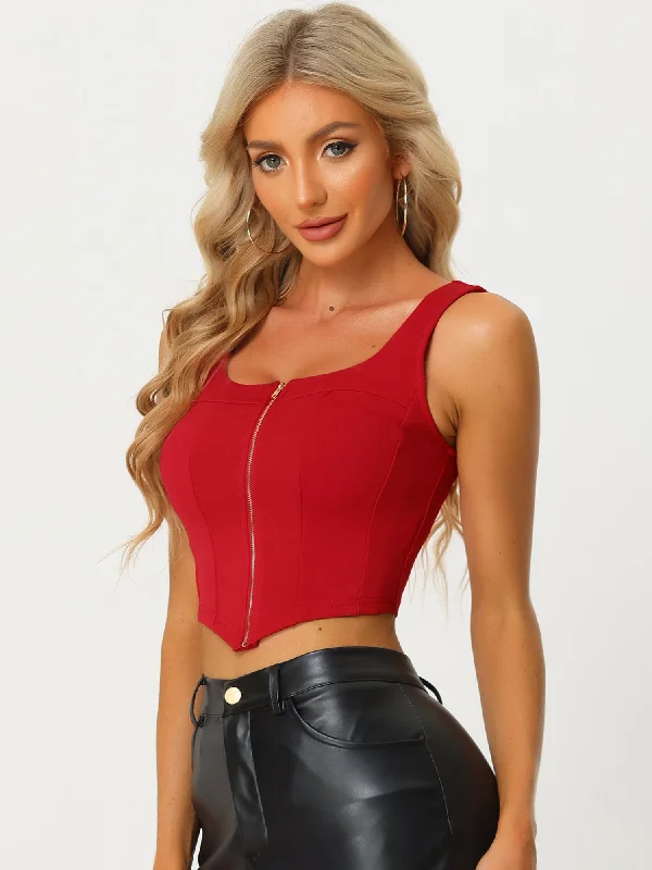 Square Neck Asymmetrical Hem Zip Front Crop Cami Tank Tops