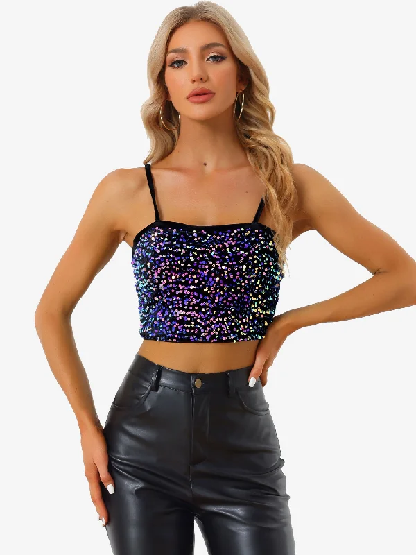 Sequined Velvet Spaghetti Strap Club Party Cropped Cami Top