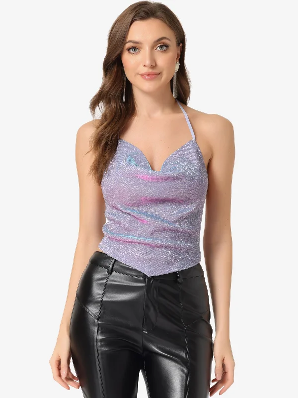 Halter Glitter Cowl Neck Draped Clubwear Backless Crop Cami Tops