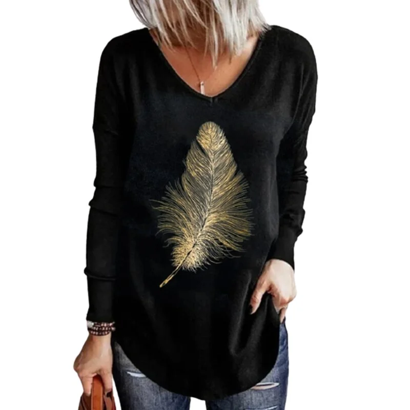 Feather Printed Casual V-Neck Top