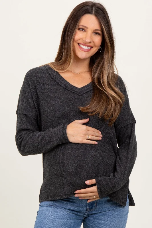 Black Ribbed V-Neck Long Sleeve Maternity Top