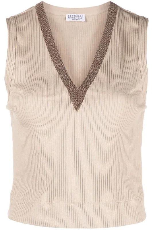 Sleeveless Monili Trim V-Neck Top