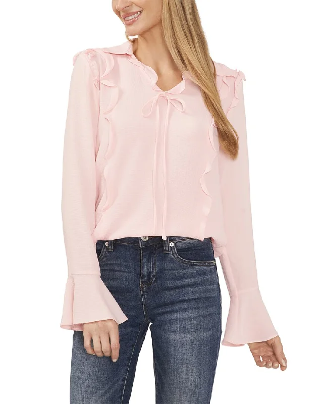 CeCe V-Neck Collared Ruffled Bow Top