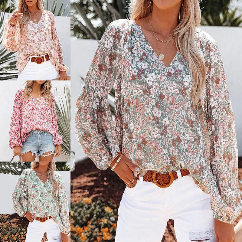 Ladies V-neck Floral Blouse Women's Lantern Long Sleeves Loose Fit Tops Shirts