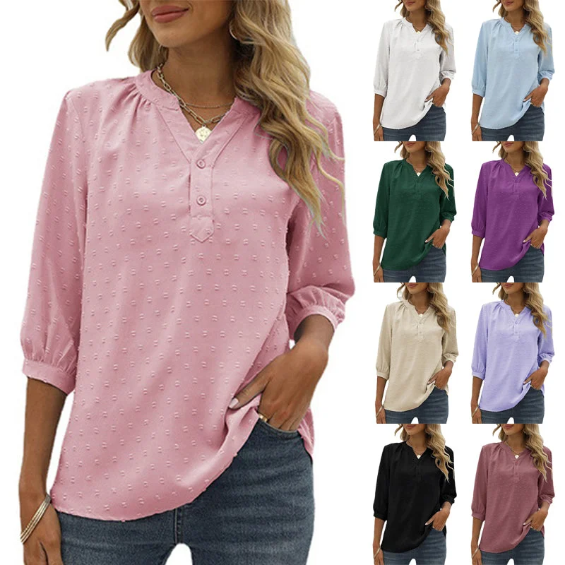 Lumento Women's Casual 3/4 Sleeve Shirt Henley V-Neck Button Up Pleated Tops Swiss Dot Blouse