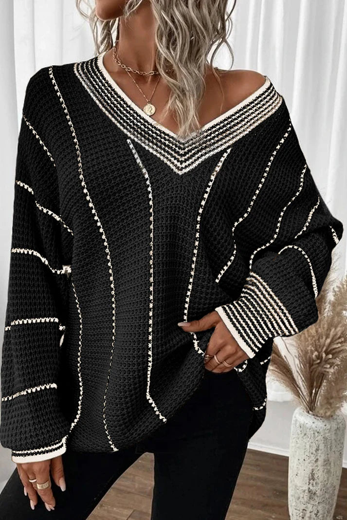 Black & White Stripe | V-Neck Sweater | Rubies + Lace