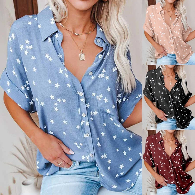 Womens Short Sleeve Button Down Shirt Blouse Loose Fit Pocket Casual V-Neck Tops