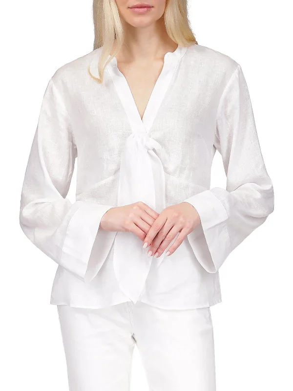 Womens V-Neck Bow Button-Down Blouse