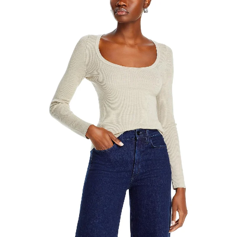 Petites Womens Ribbed Long Sleeves Pullover Top