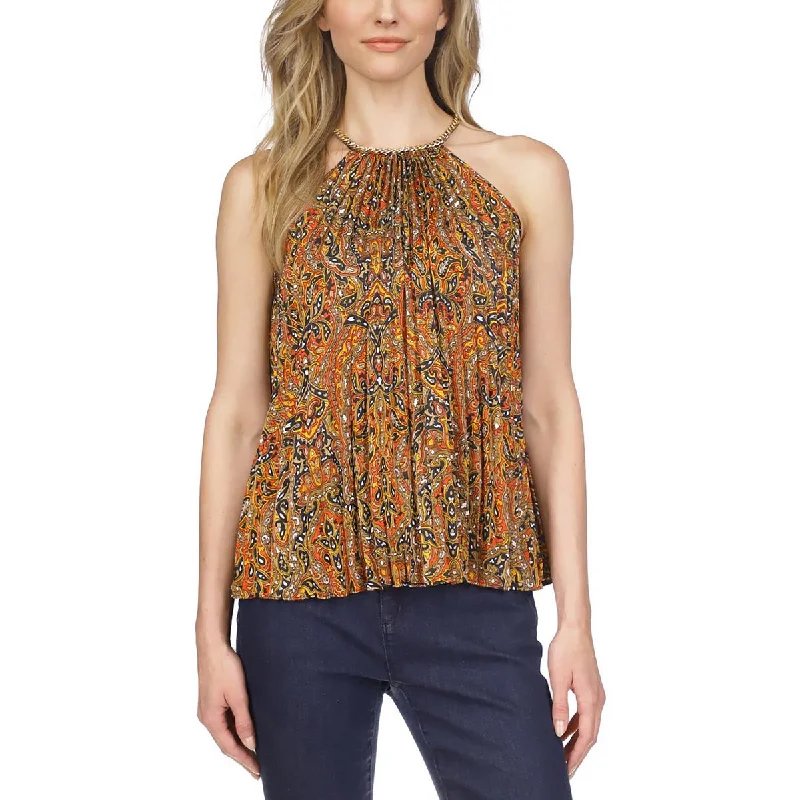 Petites Womens Paisley Pleated Pullover Top